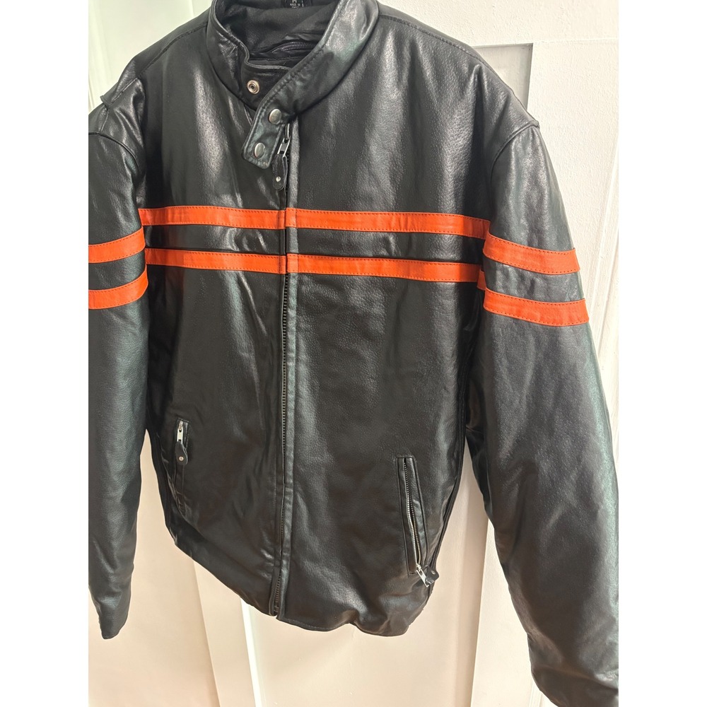 Dream Apparel USA Bikers Black Leather Motorcycle Jacket Orange Stripes Mens M